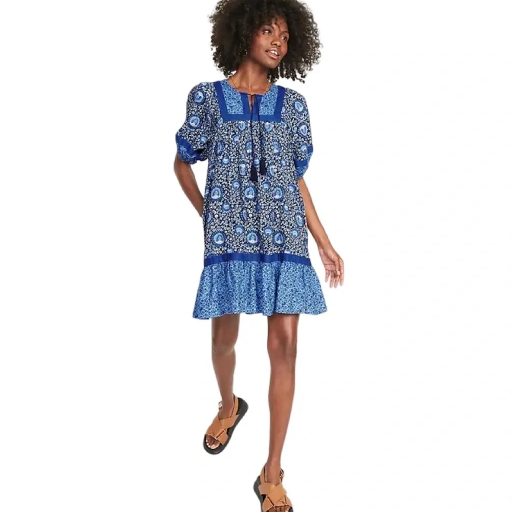 Old Navy Floral Puff-Sleeve Mini Swing Dress | Blue Blossoms | Size Large NWT - Picture 3 of 13